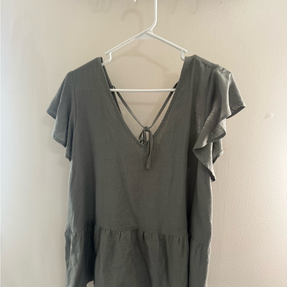 Women’s Olive Green Flutter Sleeve V-Neck Blouse